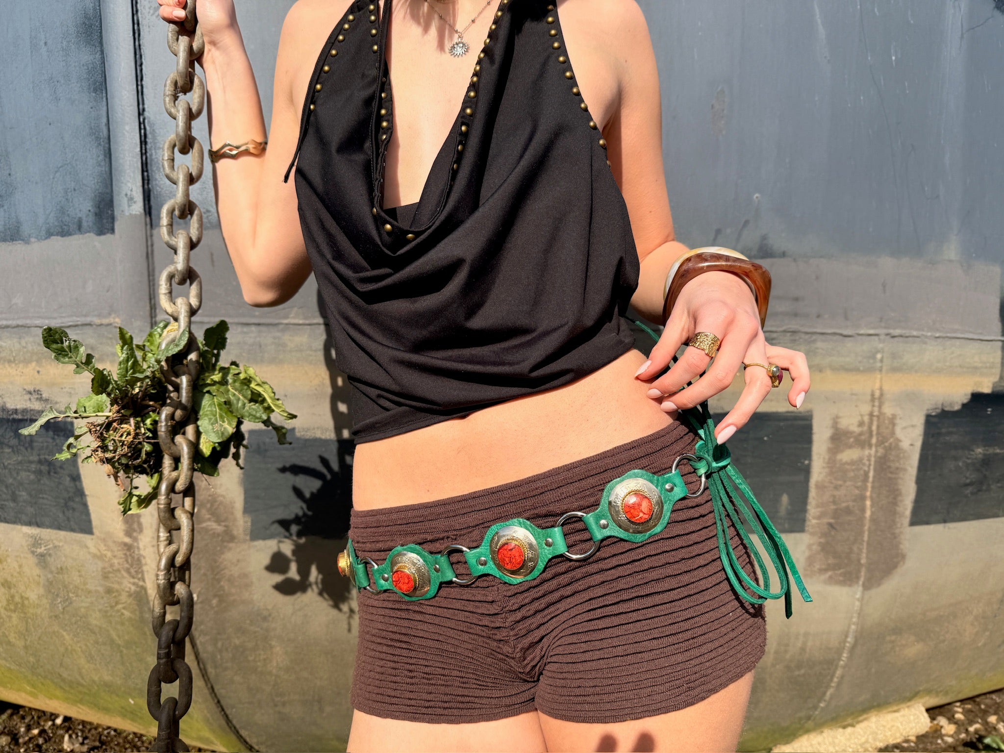 The Liora Link Belt - Bottle Green Leather and Burnt Amber Stone