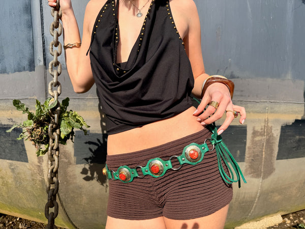 The Liora Link Belt - Bottle Green Leather and Burnt Amber Stone