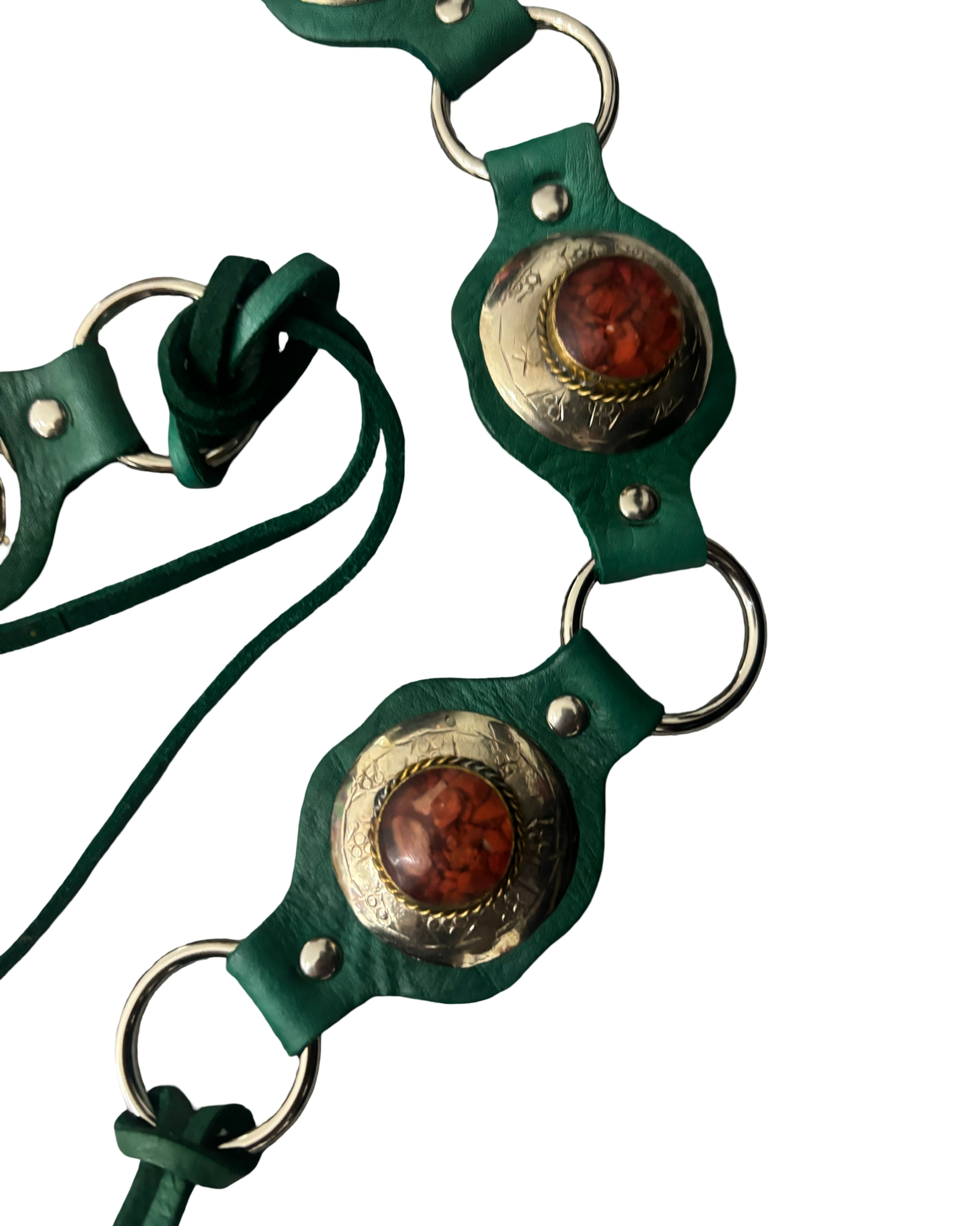 The Liora Link Belt - Bottle Green Leather and Burnt Amber Stone