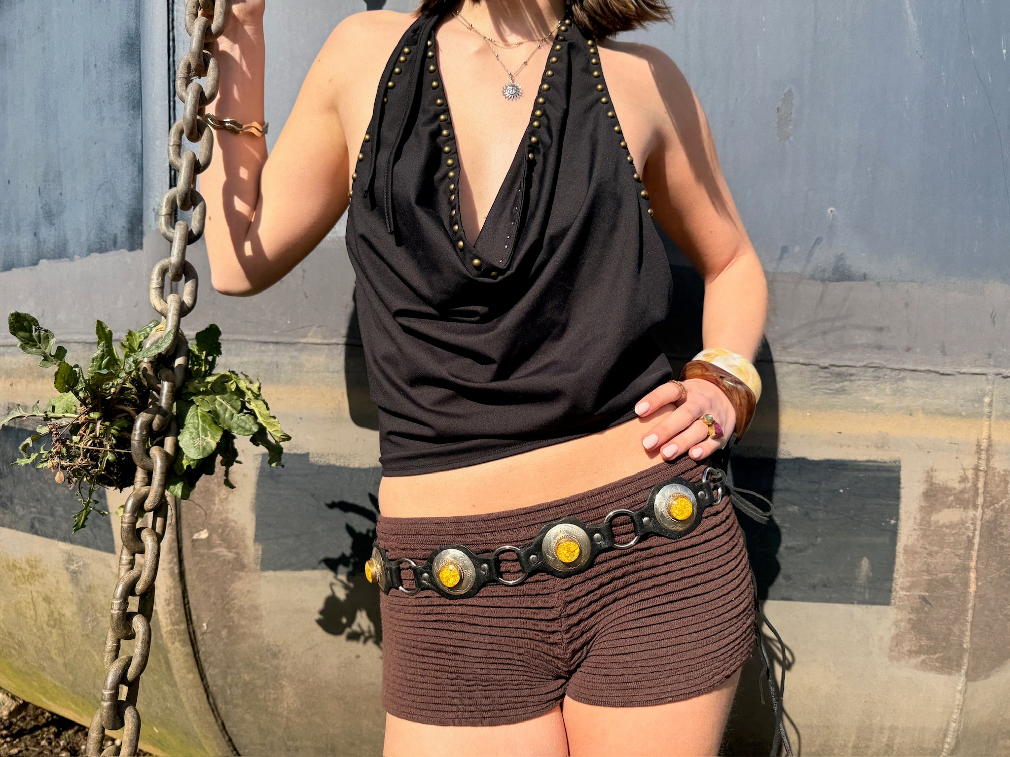 The Liora Link Belt - Jet Black Leather and Honey Stone