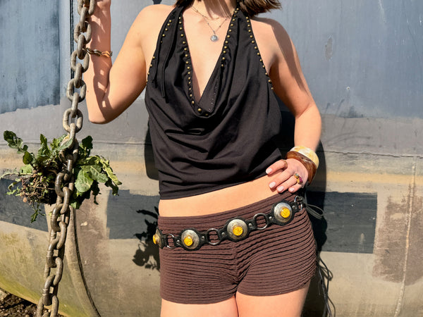 The Liora Link Belt - Jet Black Leather and Honey Stone