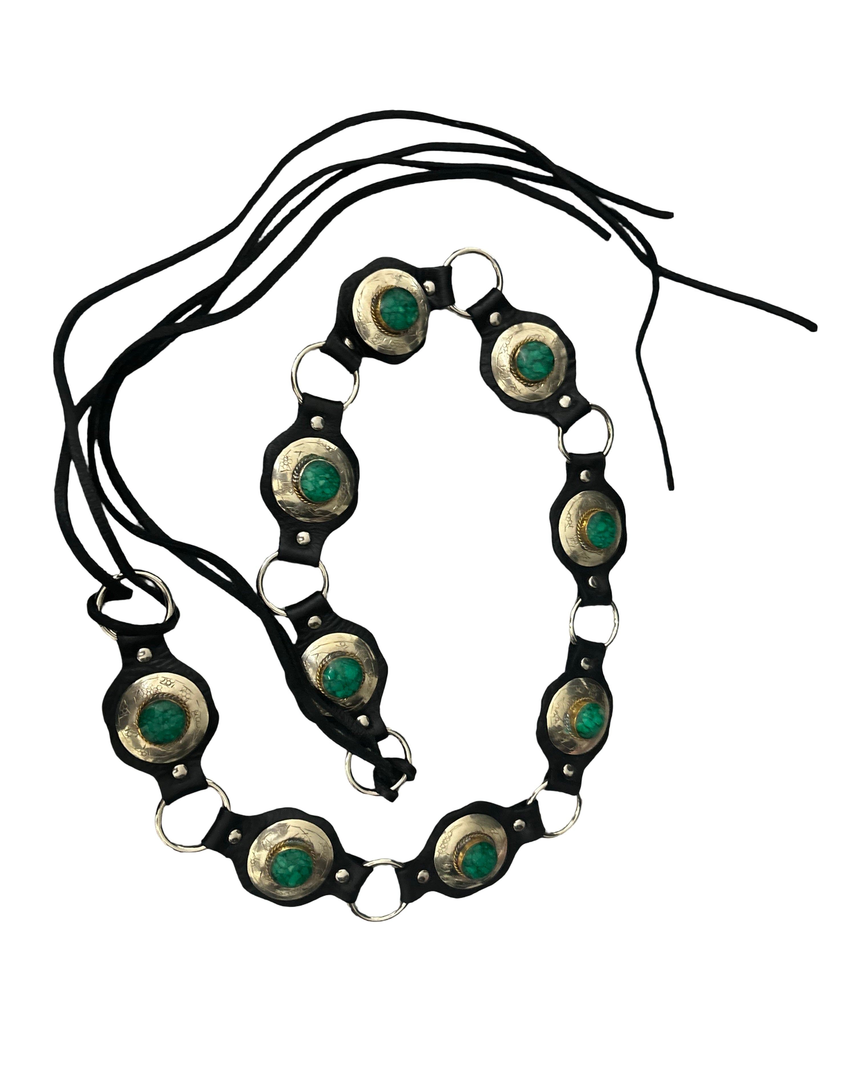 The Liora Link Belt - Midnight Black Leather and Emerald Stone