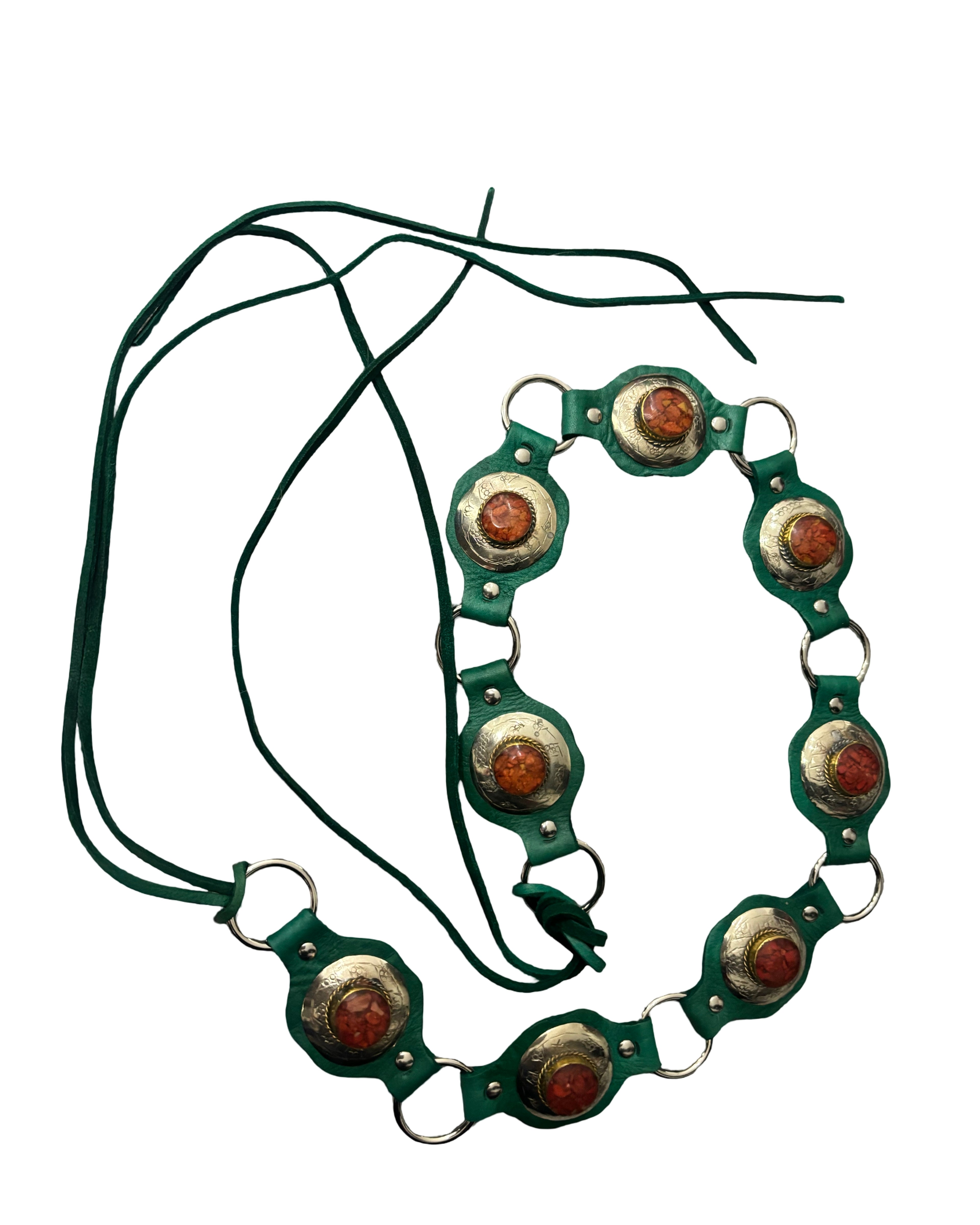 The Liora Link Belt - Bottle Green Leather and Burnt Amber Stone