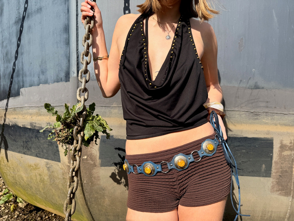 The Liora Link Belt - Faded Skye Blue Leather and Honey Yellow Stone