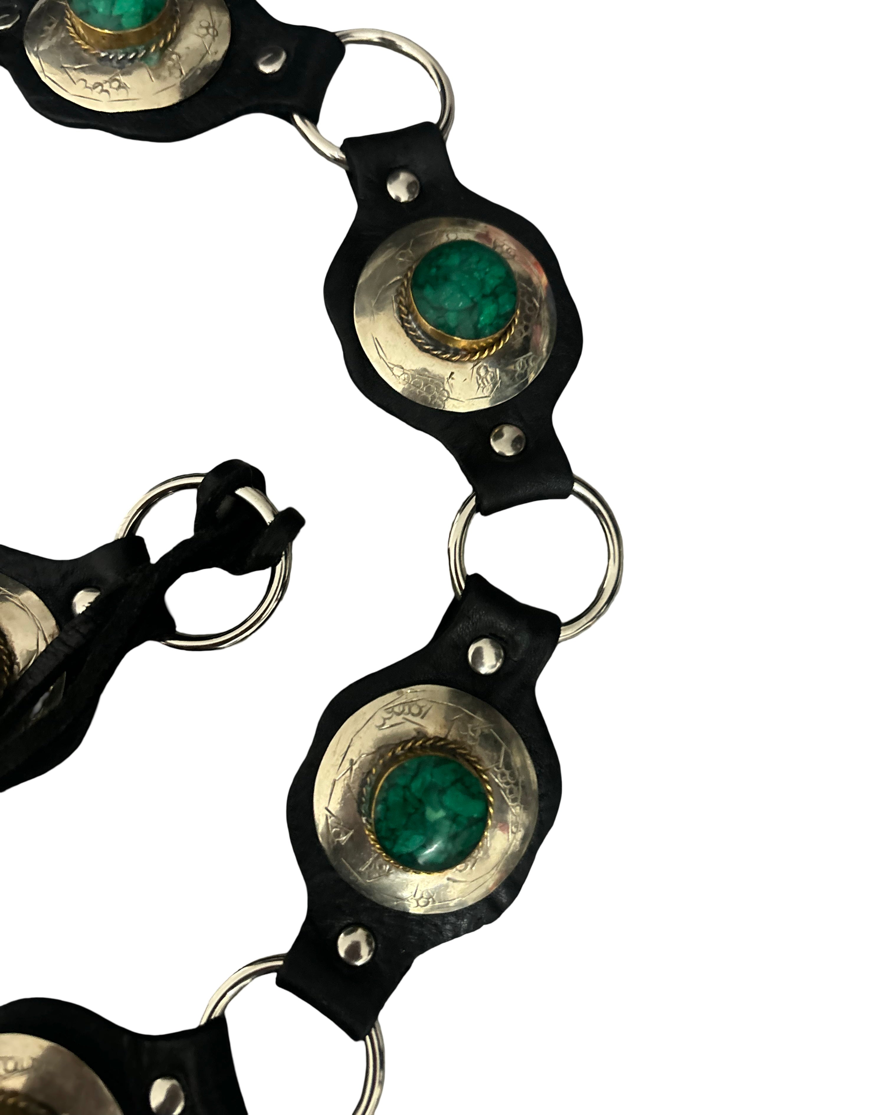 The Liora Link Belt - Midnight Black Leather and Emerald Stone